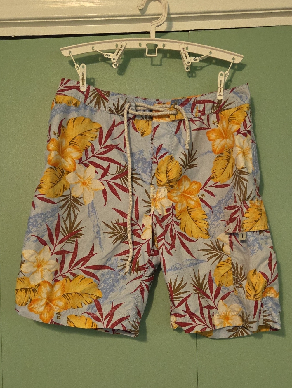 Banana Republic Light Blue Floral Swim Trunks Short Yellow Hibiscus Size 31